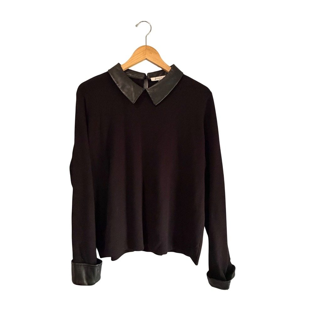 Sioni Milano Womens XL Black Sweater Faux Leather Collar and Cuffs Long Sleeve